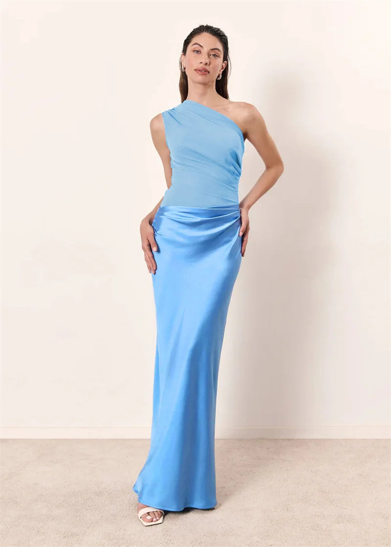 Women’s Mozision Satin Inclined Shoulder Sexy Maxi Dress.