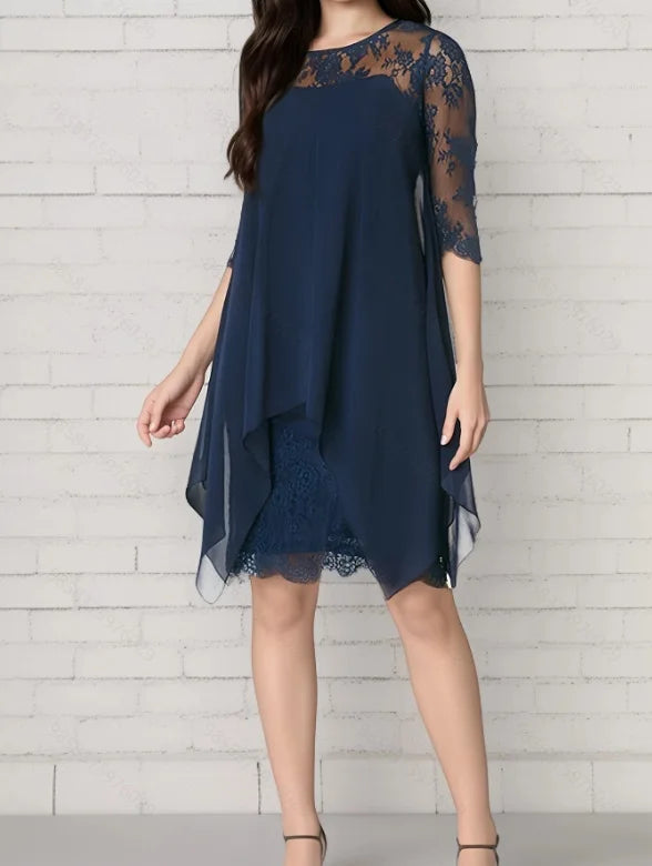 Plus Size Female Dresses Lace Patchwork Asymmetric Hem Loose Waist Three-quarter.