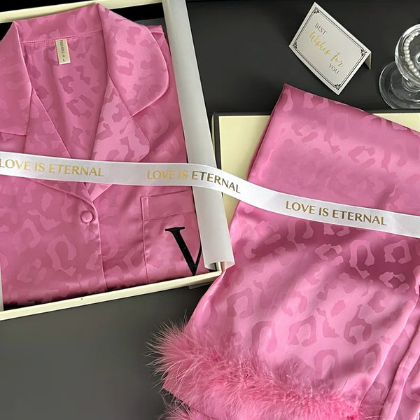 2PCS Pjs Sleepwear Women Summer New Pyjamas Suit Leopard Satin.