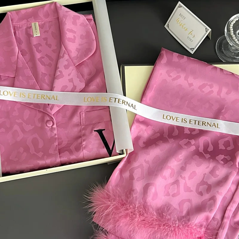 2PCS Pjs Sleepwear Women Summer New Pyjamas Suit Leopard Satin.