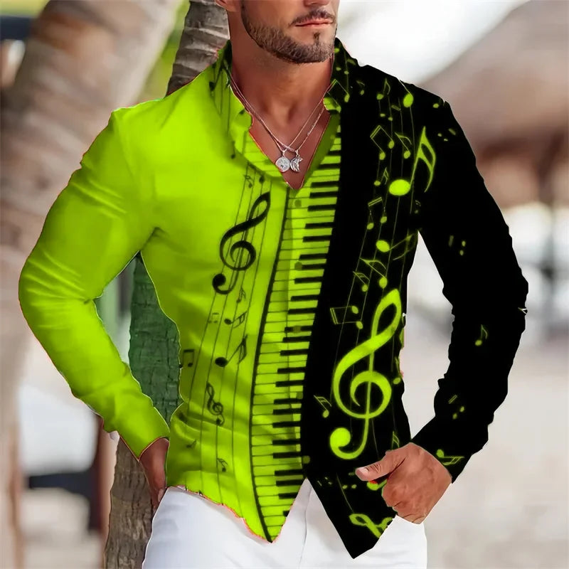 Summer Men's Long Sleeves Shirt with Musical Instrument Symbol Pattern Printed.