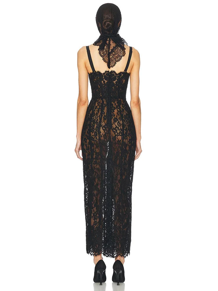 Sexy Spaghetti Strap V Neck Lace Long Dress Women.