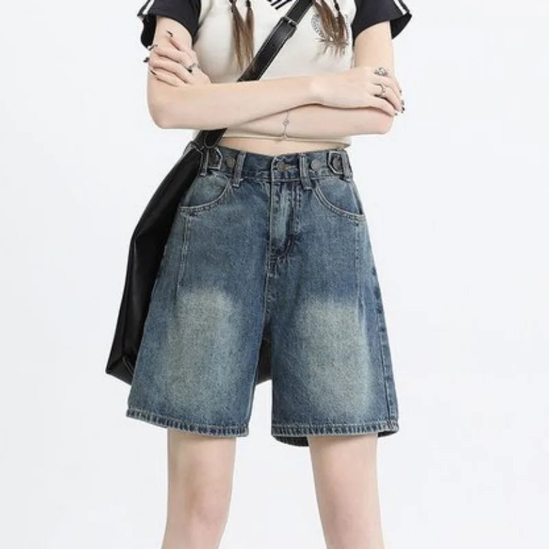 Women's Denim Shorts American Retro High-Waisted Jean Shorts Korean Style.