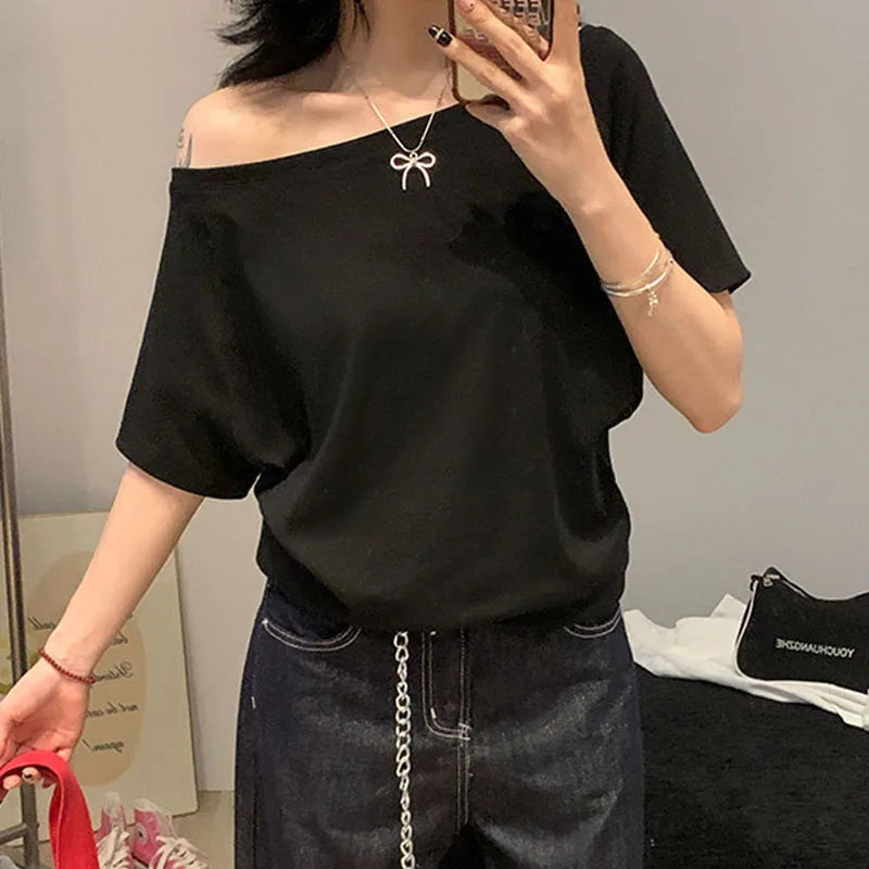 1pcs Summer Women Basic Model Solid Color T-Shirt Lady Short-Sleeved.
