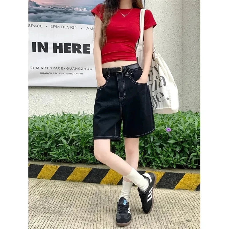 High-Waisted Straight-Leg Jeans Shorts for Women Summer.