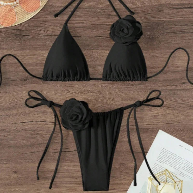 S - L Sexy 3D Flowers Halter Strappy Bikini Women Swimwear Female Swimsuit.