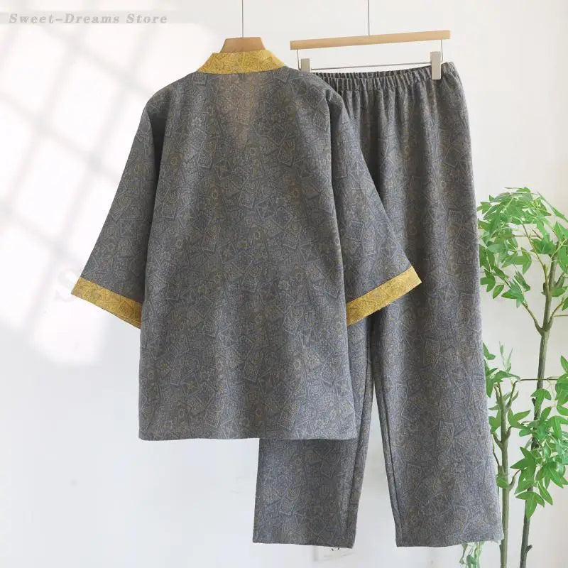 2PCS Pajamas Set Men's Cotton Sleepwear Loose Casual.