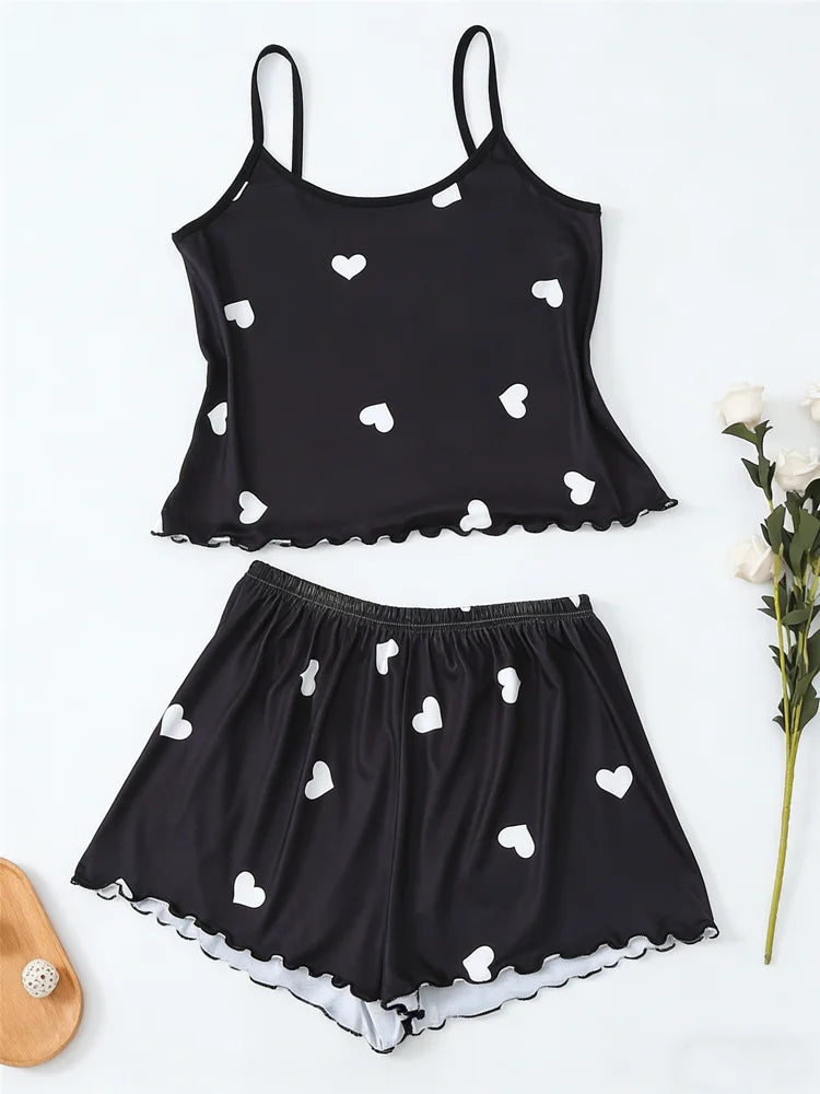 Women's Pyjamas Two-Piece Suspender Heart Printed Top and Shorts.