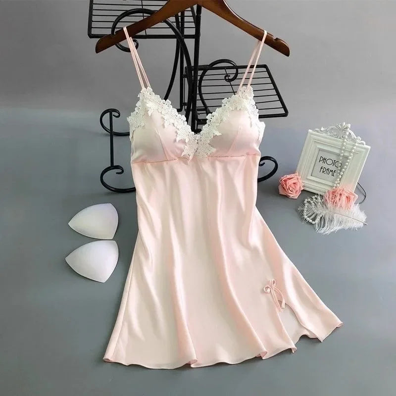 Sexy Lace Patchwork with Chest Cushion Lingerie Nighty Sleep Wear Nightdress.