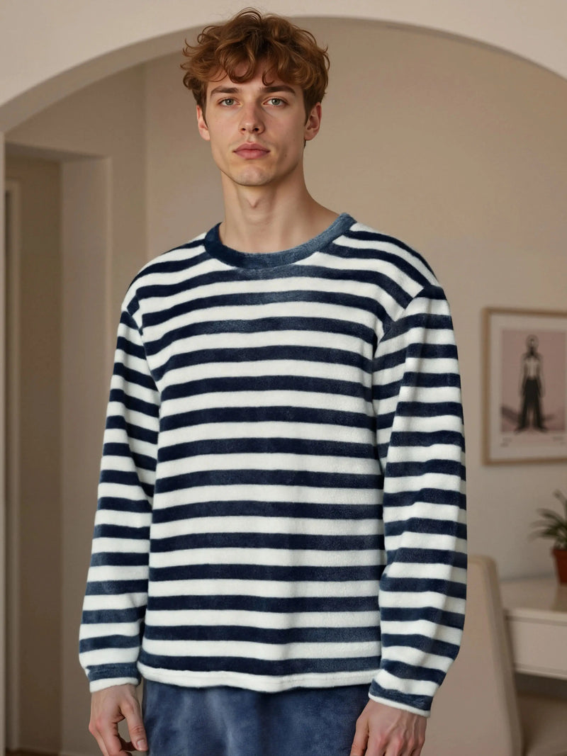 Men's Thermal Pajama Sets Winter Cartoon Classic Striped Home Wear.