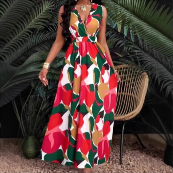 Women's Dress Summer Sexy Fashion V-neck Top Lace-Up Printed Pleated.