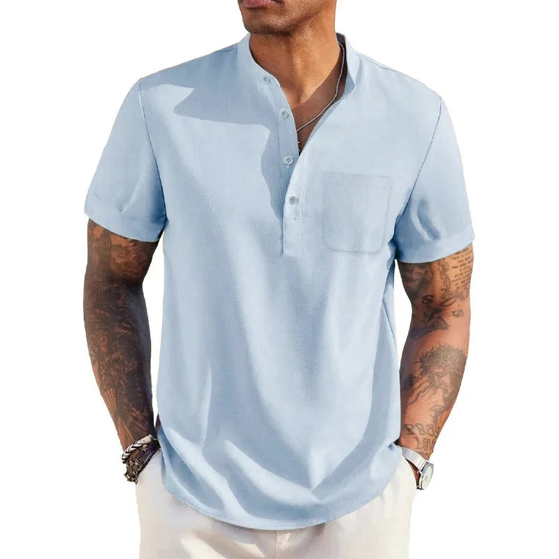 Summer Men's Cotton Linen T-Shirt Henley Neck Pocket Casual Lightweight.