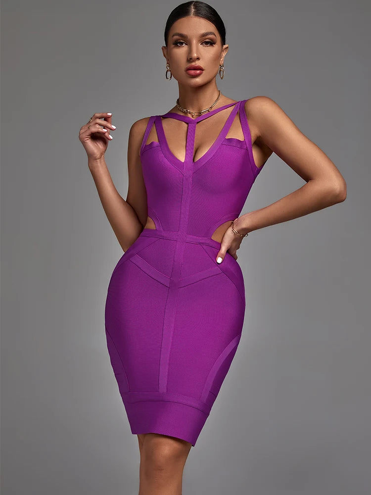Summer Sexy Spaghetti Strap V Neck Cut out Dress Elegant Purple.
