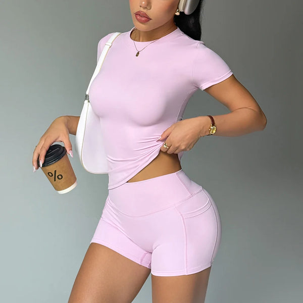 Seamless Yoga Set Women Workout Clothes Short Sleeve Crop Top Pocket.