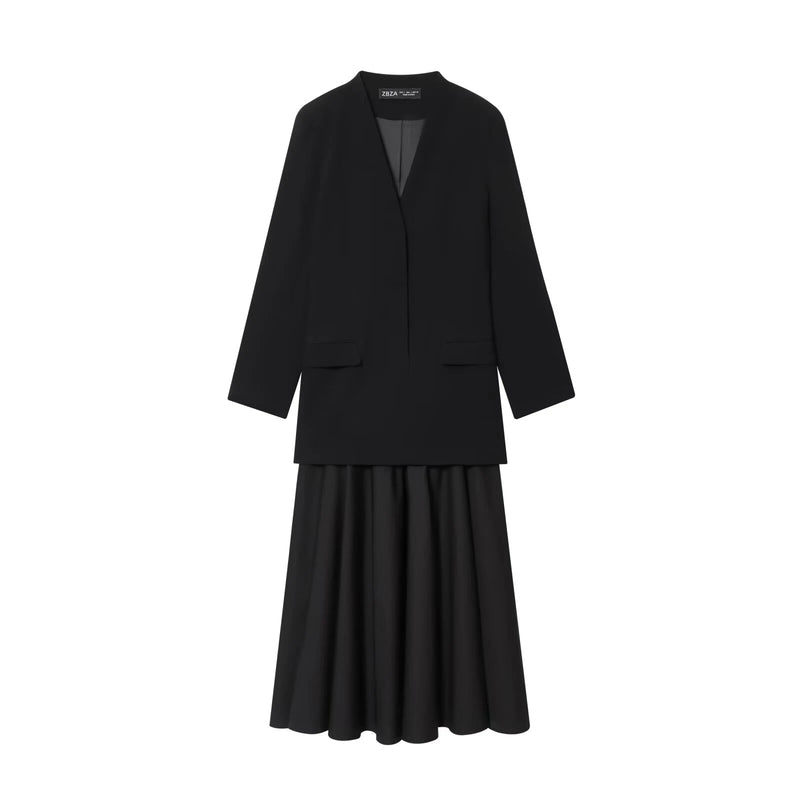 Women's clothing style simple and casual V-neck long sleeved patchwork suit dress.
