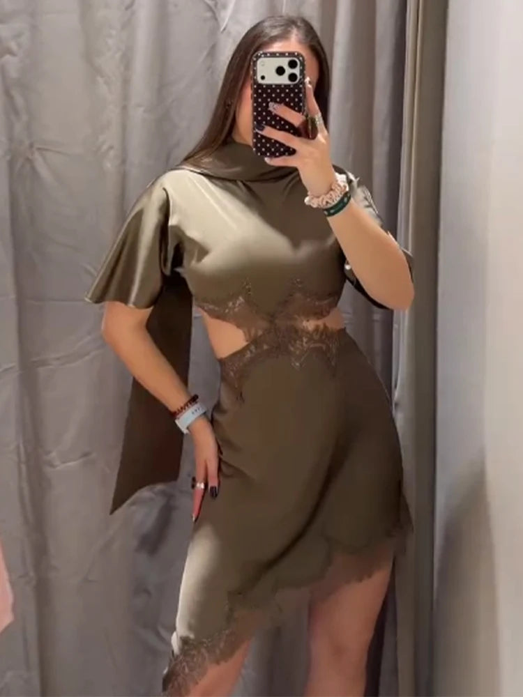 Lace Hollow Out Women Mini Dress Elegant Satin Scarf.
