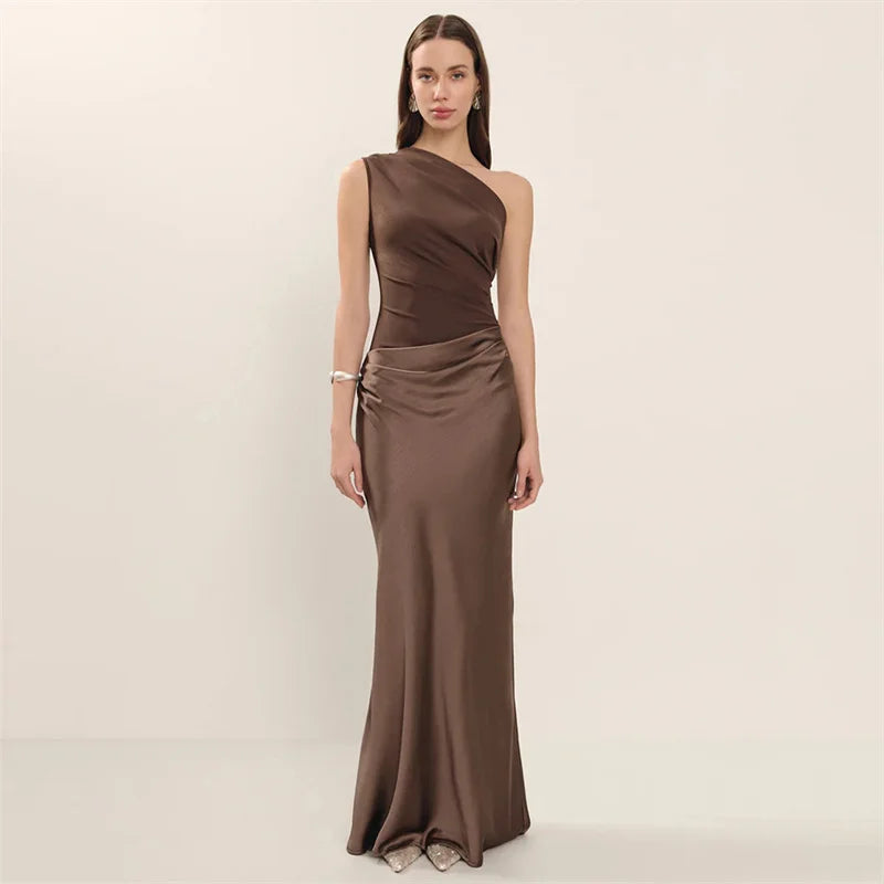Women’s Mozision Satin Inclined Shoulder Sexy Maxi Dress.