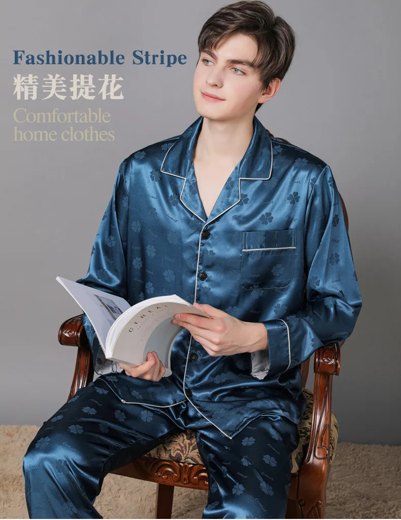 Men Ice Silk Pajamas Suit Summer Plus Size.