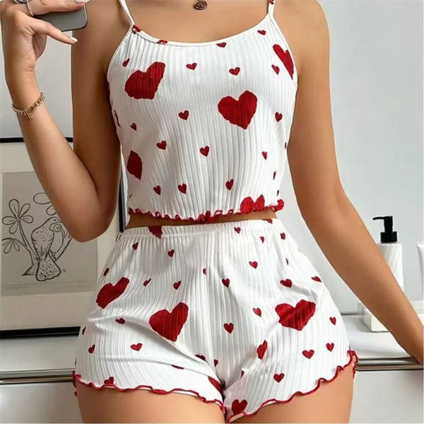 Women's Pajamas Set Straps Sleepwear Vest + Shorts Red Heart Print.