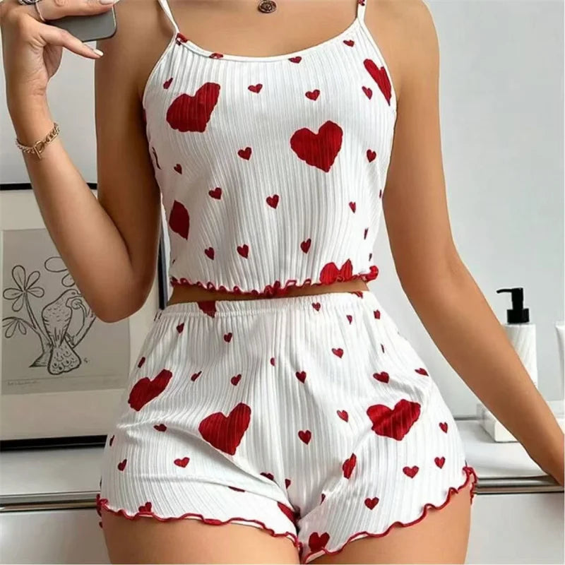 Women's Pajamas Set Straps Sleepwear Vest + Shorts Red Heart Print.