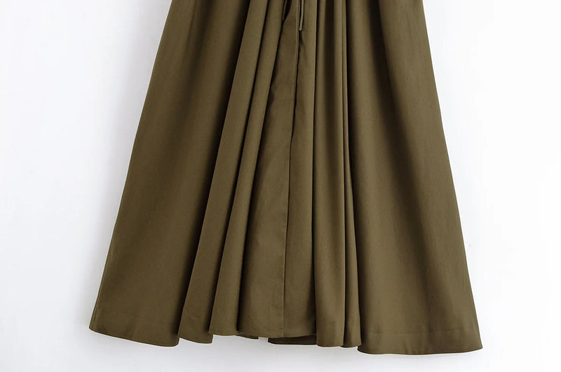 Women's New Fashion V-neck Pleated Down Shoulder Short Sleeve Midi Dress.