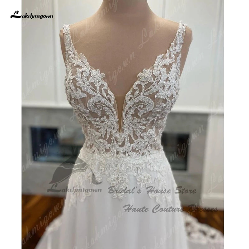 Women’s Lakshmigown Luxury Chiffon Long Boho Lace Wedding Dress.