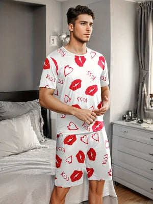 Men's pajama set with lips, "kiss", and heart-shaped prints.