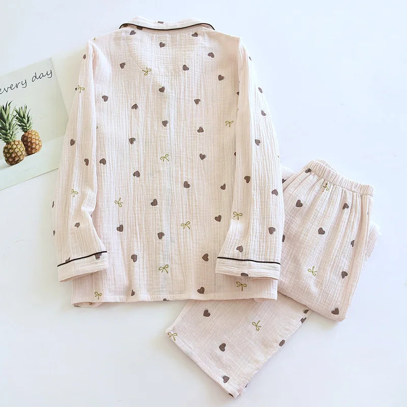 Women's Pajama SetCotton Crepe Cute Love Long Sleeve Long Pants.
