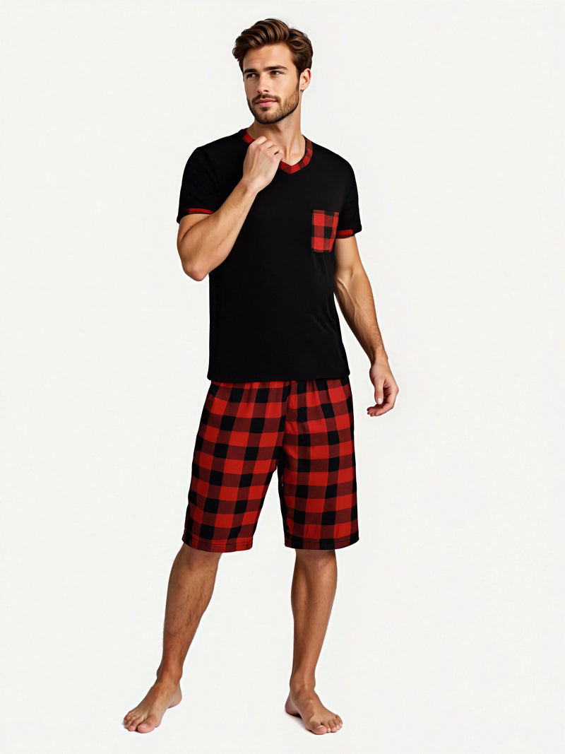 Mens Pajama Sets Short Sleeve Plaid Pajamas.