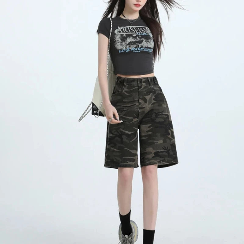 Women's High Waist Loose Straight Leg Camouflage Denim Shorts.