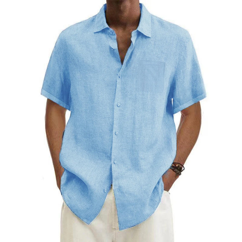 men Cotton Linen Hot Sale Men's Short-Sleeved Shirts Summer Solid Color.