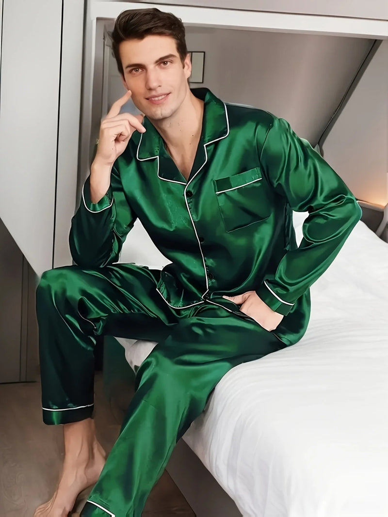 Men Pajama Sets Microfiber Sleepwear For Sleeping Man Shirt Satin Long Sleeve.