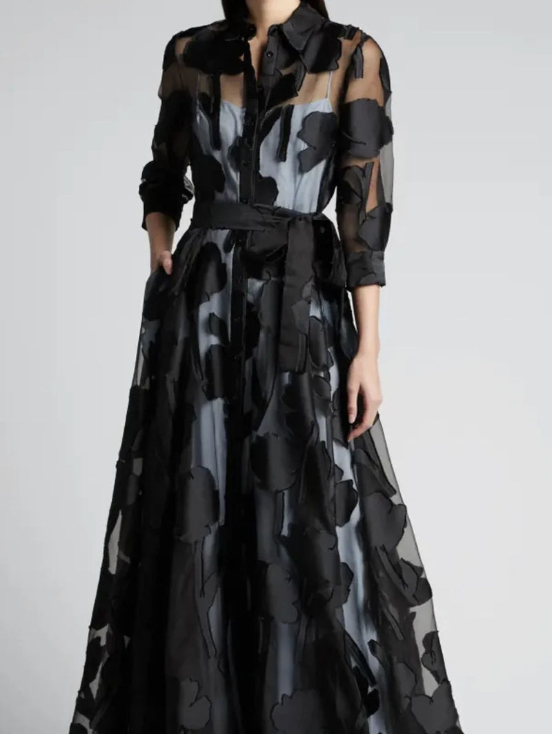 Elegant Three-Quarter Sleeve Knotted Waist Jacquard Mesh Maxi Dress for Women.
