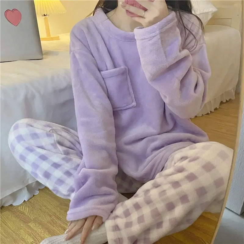 Fleece Thick Warm Women's Pajamas Set Winter Sleepwear Casual Solid.