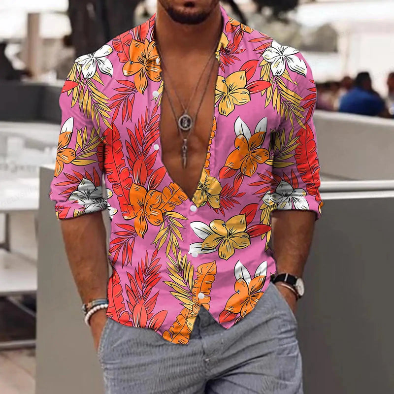 New Trend Men's Shirts Casual Floral Printed Lapel Button Long Sleeve.