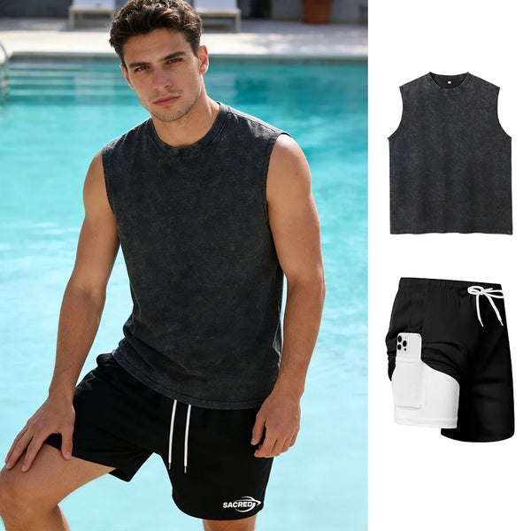 Men's Sportswear Set Washed Vest And Drawstring Shorts Two-Piece.