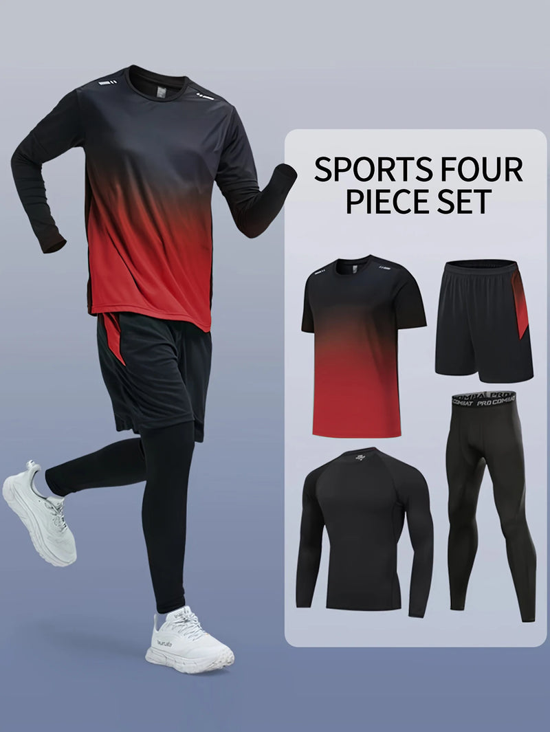 Men's Sports 4pcs Set, High Stretch Gradient Color T-shirt Active Shorts Leggings.