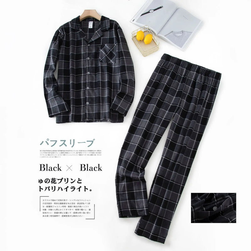 Men's Long Sleeve Plaid Velvet Set Autumn Winter Pajamas.