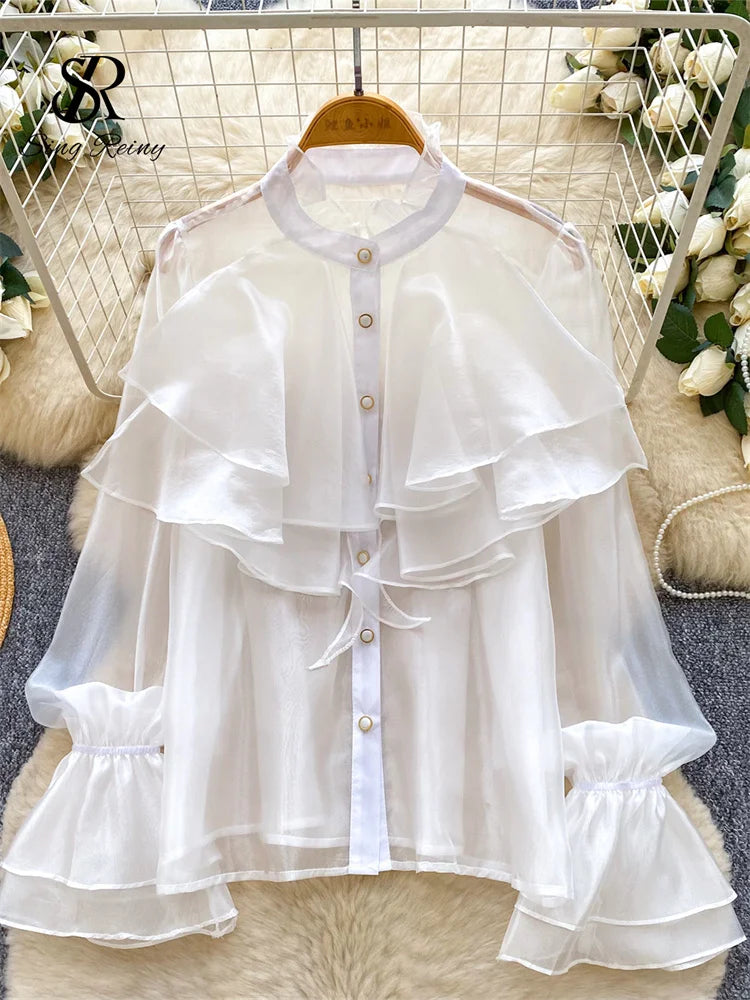 SINGREINY Feminine Ruffles Chiffon Blouse Puff Sleeve French Style Office.