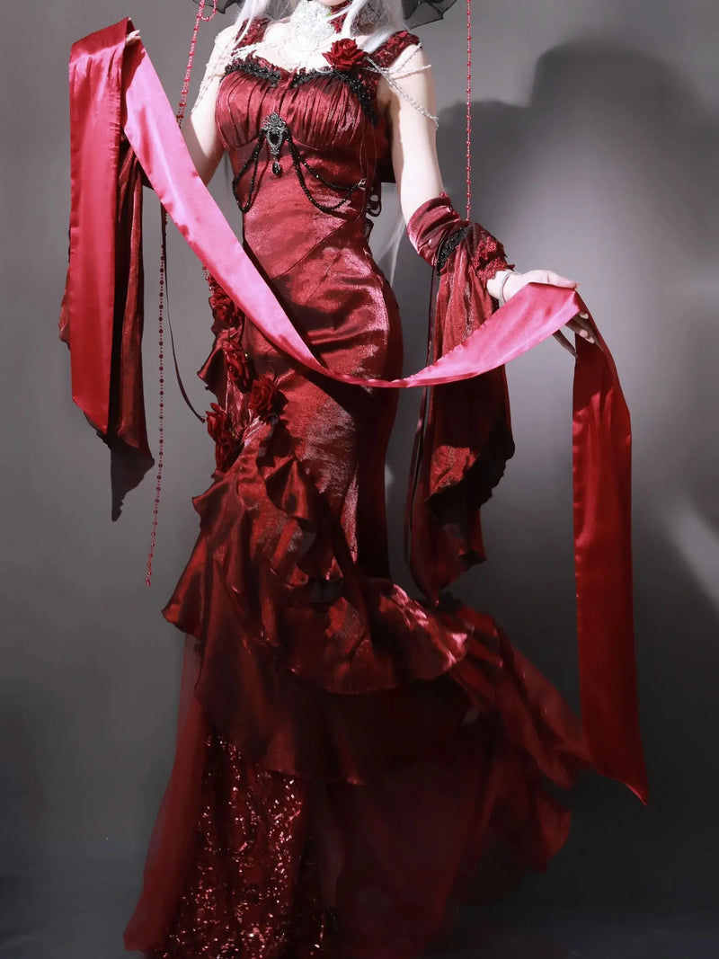 Women’s Red Rose Lolita Slimming Long Asymmetrical Fishtail Dress.