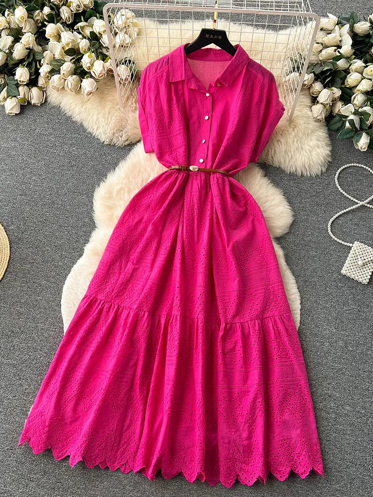 Women Summer Dress Loose Breasted Lace Up Long Dress.