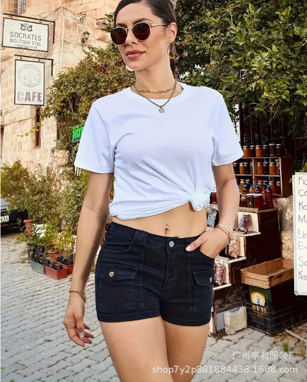 Denim Shorts Cargo Pant Women Jeans Traight Trousers Slim Fit Beach.