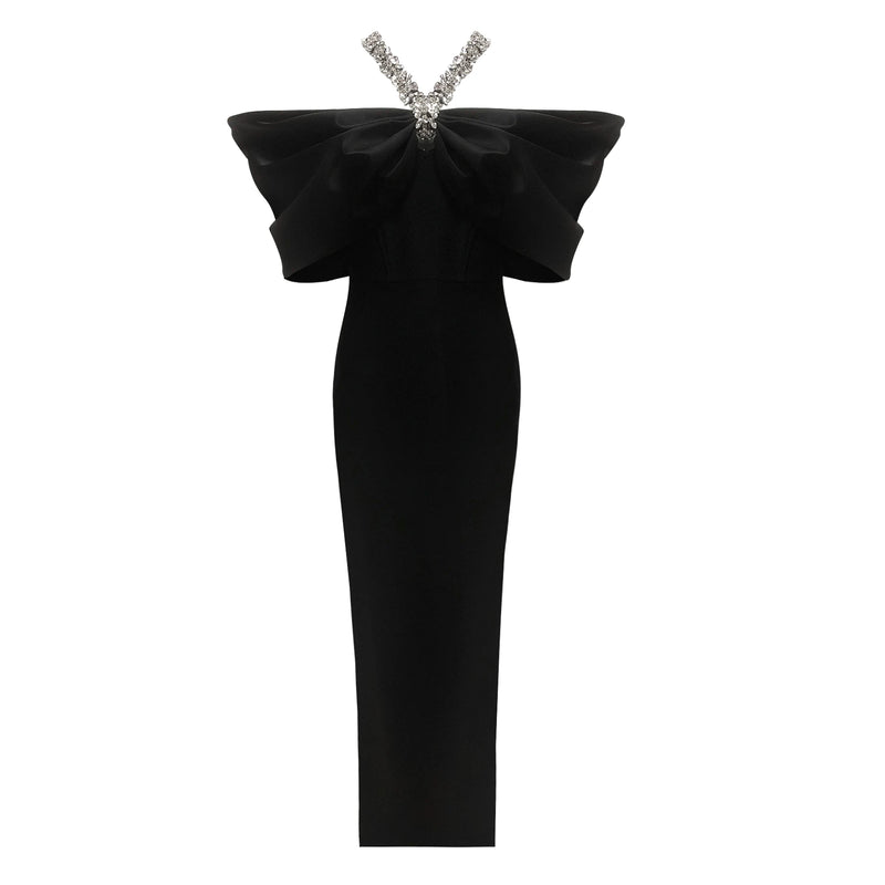 Red Black Women Sexy Halter Off the Shoulder Crystal Ruffles Bodycon Long Bandage Dress.