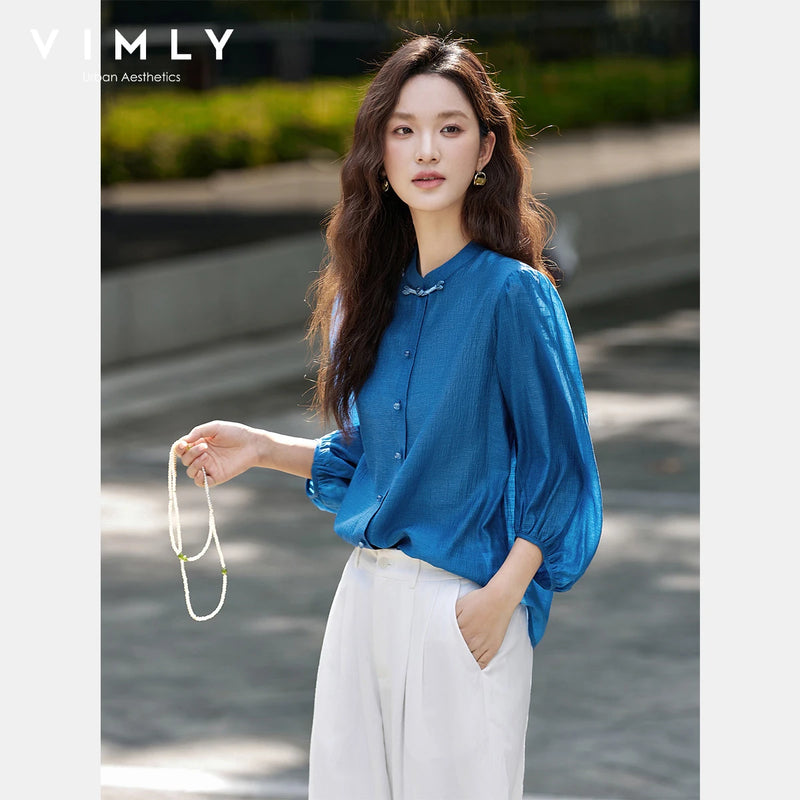 VIMLY Elegant Women Shirt Spring Autumn Chinese Style Lantern Sleeve.