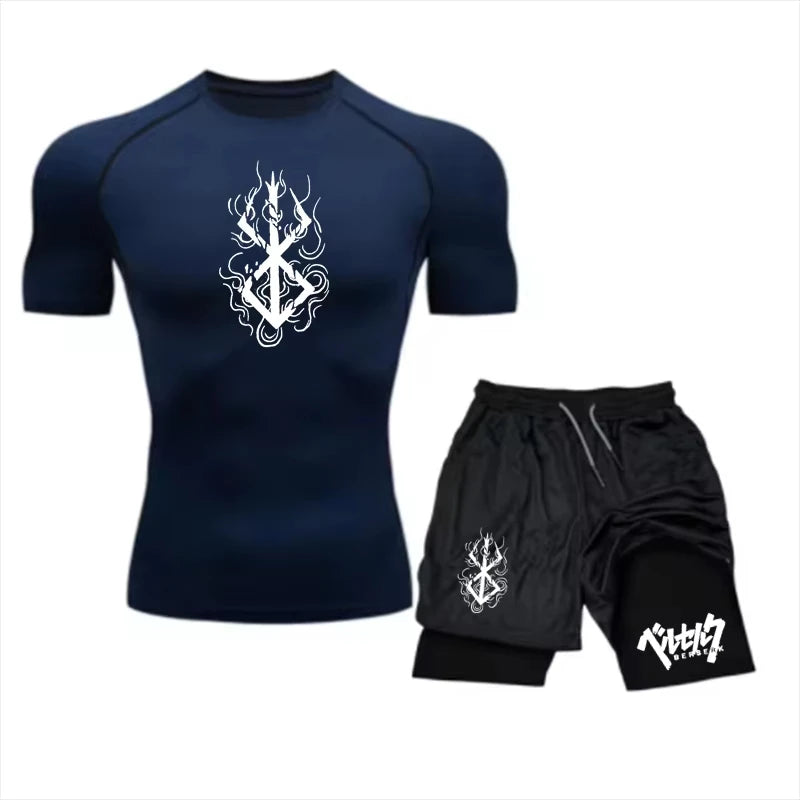 Men's Summer Gym Training Athletic Set - Short-Sleeve Compression Undershirt.