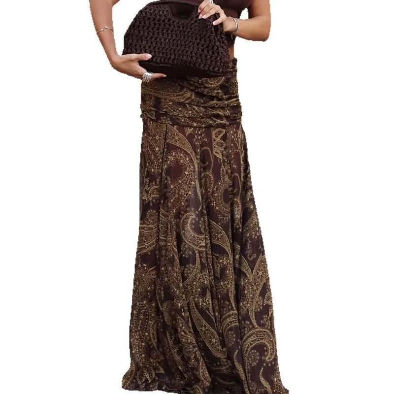 Irregular Printed Big Swing Long Skirts for Women High Waist Buttock.