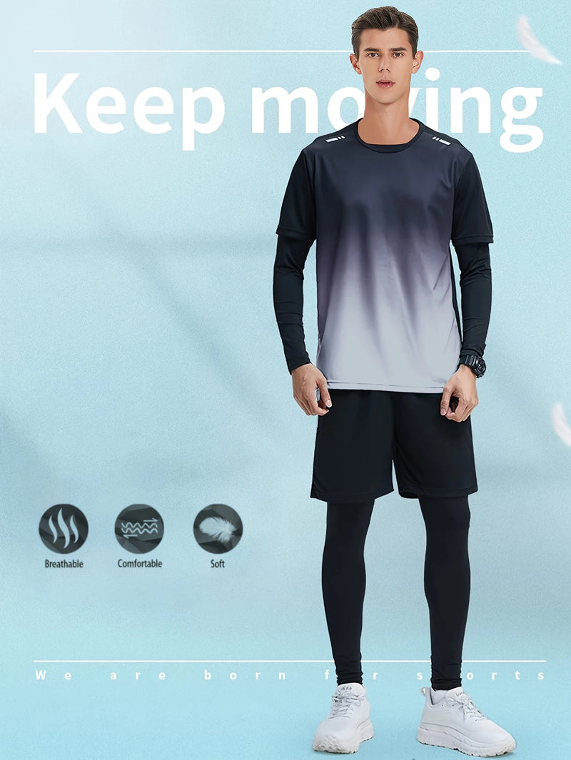 Men's Sports 4pcs Set, High Stretch Gradient Color T-shirt Active Shorts Leggings.