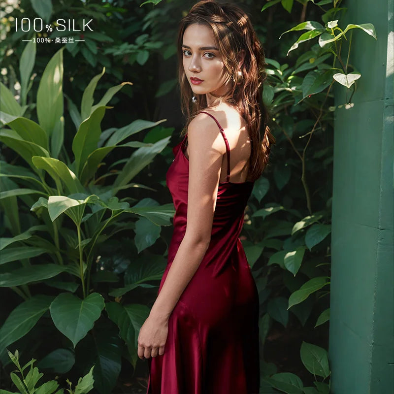 Sexy Women Momme Heavy Mulberry Silk Slip Dress Side Slit Camisole.