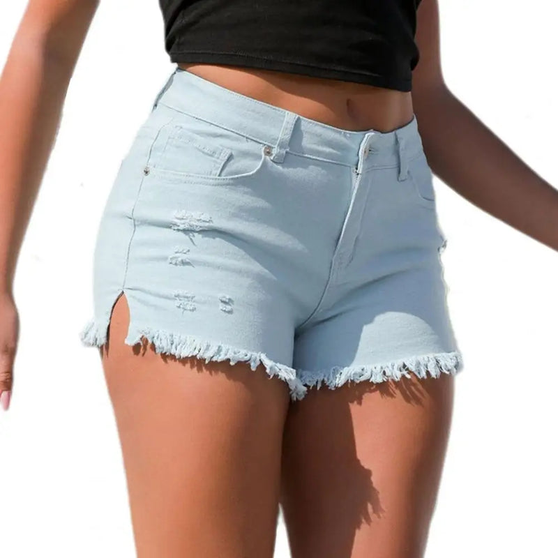 Summer Denim Shorts Women Ripped Edge Multi Pockets Button Zipper Slim.
