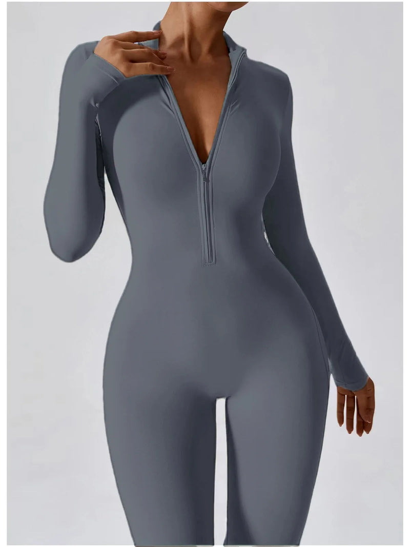 Yoga Boilersuit Long Sleeved Women's Sportswear Gym Zipper Jumpsuits.